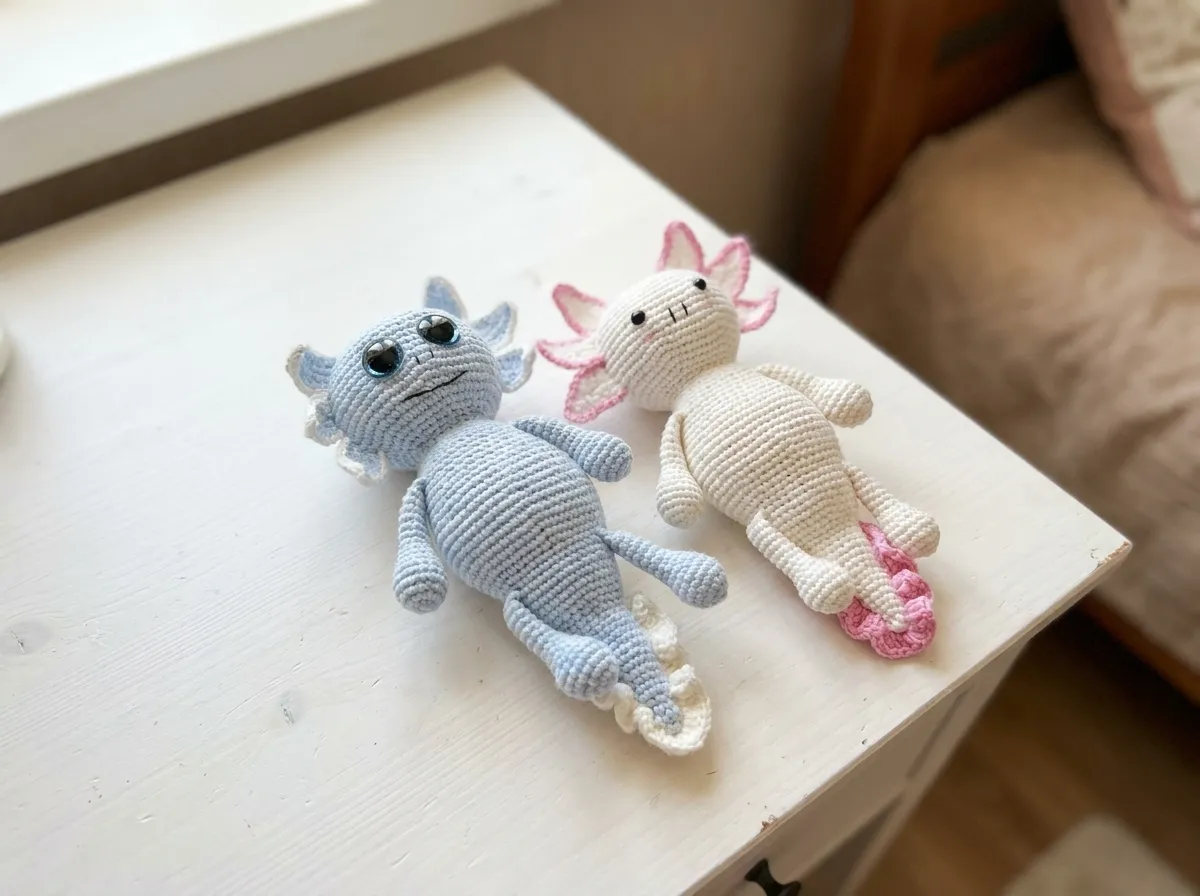 Two handmade axolotl amigurumi toys, one blue and one white with colorful gills, resting on a white table.