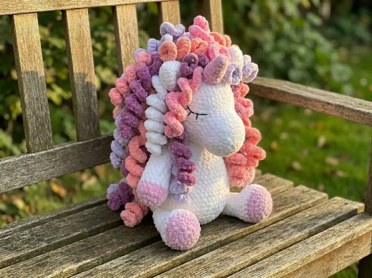 White plush unicorn amigurumi free pattern with curly pink mane on a wooden bench in a garden.