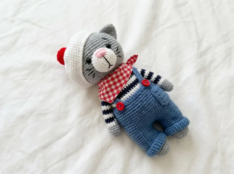 Grey cat amigurumi wearing blue overalls, striped shirt, and white hat with red pom lying on a white fabric bed.
