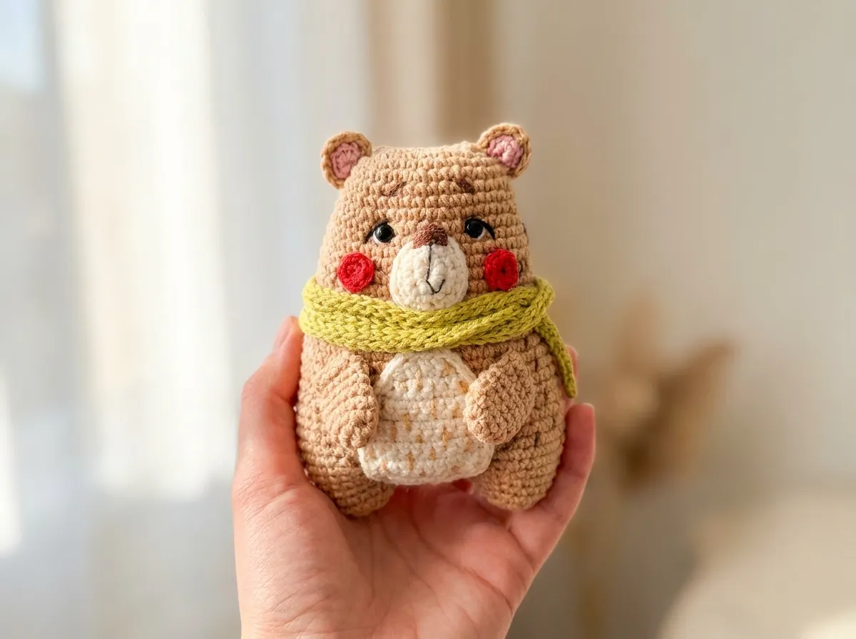 Close-up of a brown crochet amigurumi bear free pattern sitting on a wooden surface with white yarn balls.