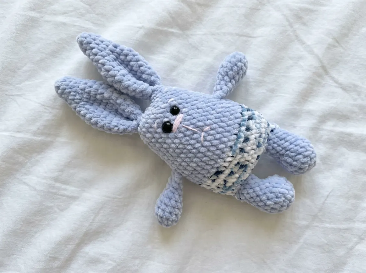 Light blue plush amigurumi bunny with variegated blue pants lying on a white wrinkled sheet.