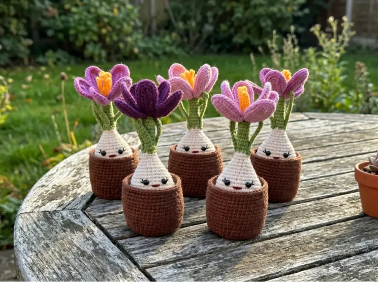 Five crochet crocus toys with pink and purple yarn petals and cute faces in brown pots on a wooden table outdoors.