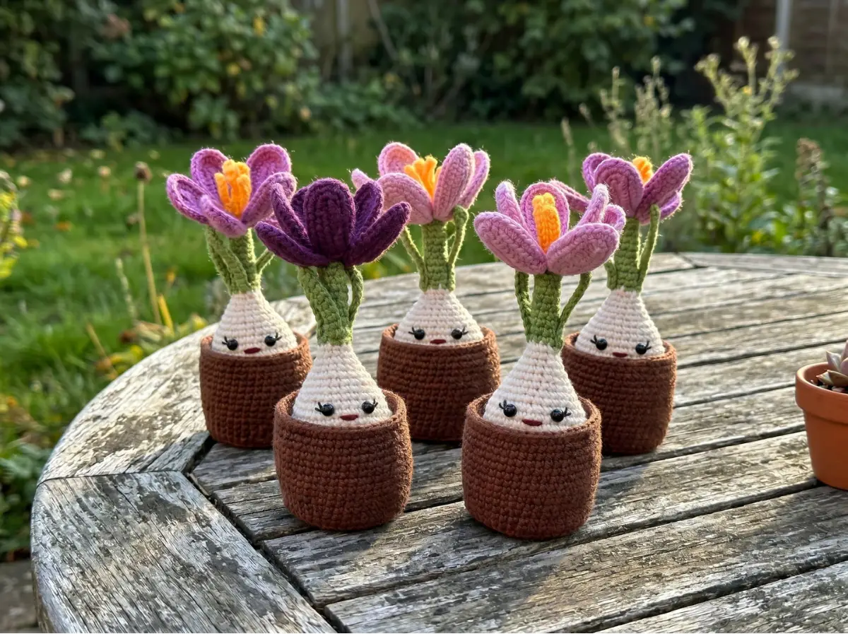 Five crochet crocus toys with pink and purple yarn petals and cute faces in brown pots on a wooden table outdoors.