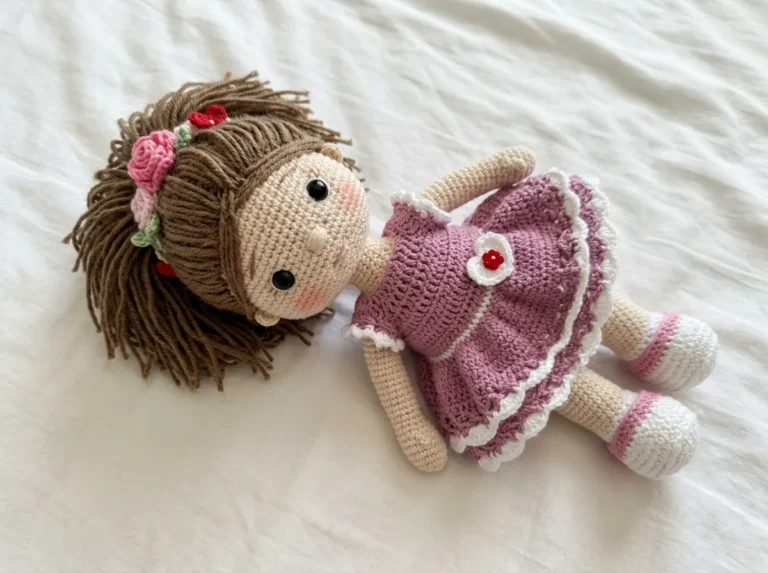 Yarn amigurumi doll in a purple dress lying on a white blanket for an amigurumi doll free pattern.
