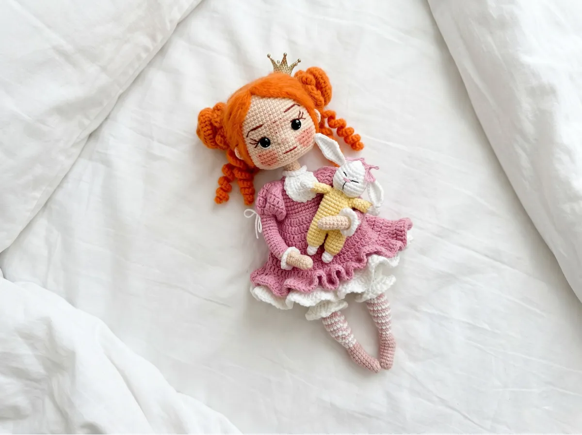 A crocheted amigurumi doll with orange hair, crown, pink dress, holding a yellow rabbit, lying on a white bed sheet.