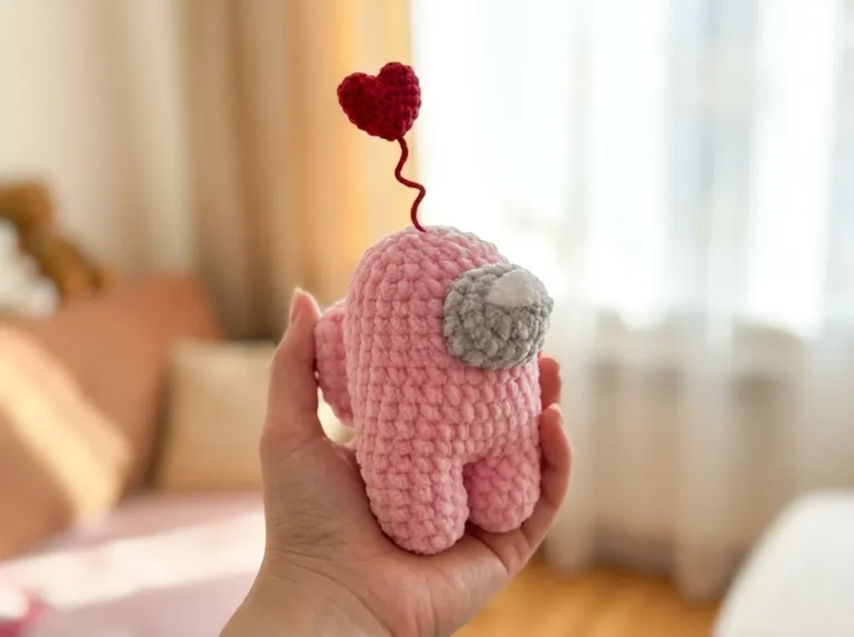 Pink velvet among us amigurumi with a red heart antenna held vertically against a blurred indoor background.