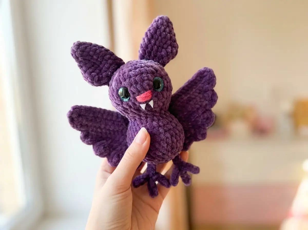 Hand holding a purple plush toy from a bat crochet pattern free, featuring a pink nose and fangs against a bright window.
