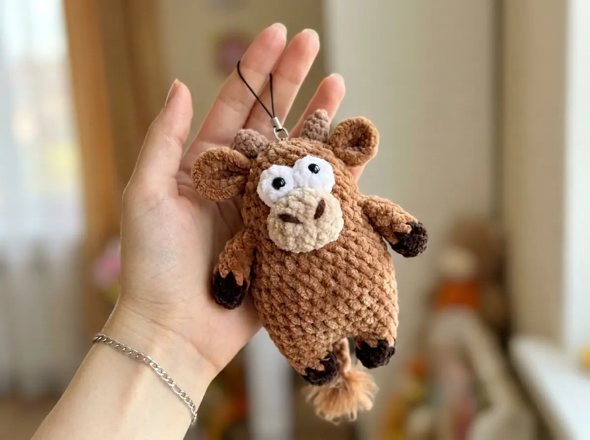 Hand holding a brown plush cow from an amigurumi keychain pattern, with dark hooves and a blurred window background.