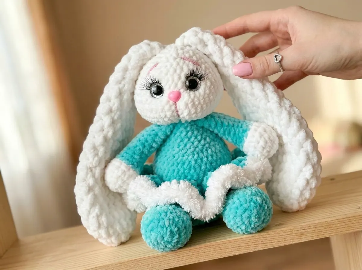 Hand touching a white and teal plush bunny amigurumi free pattern toy on a wooden shelf.