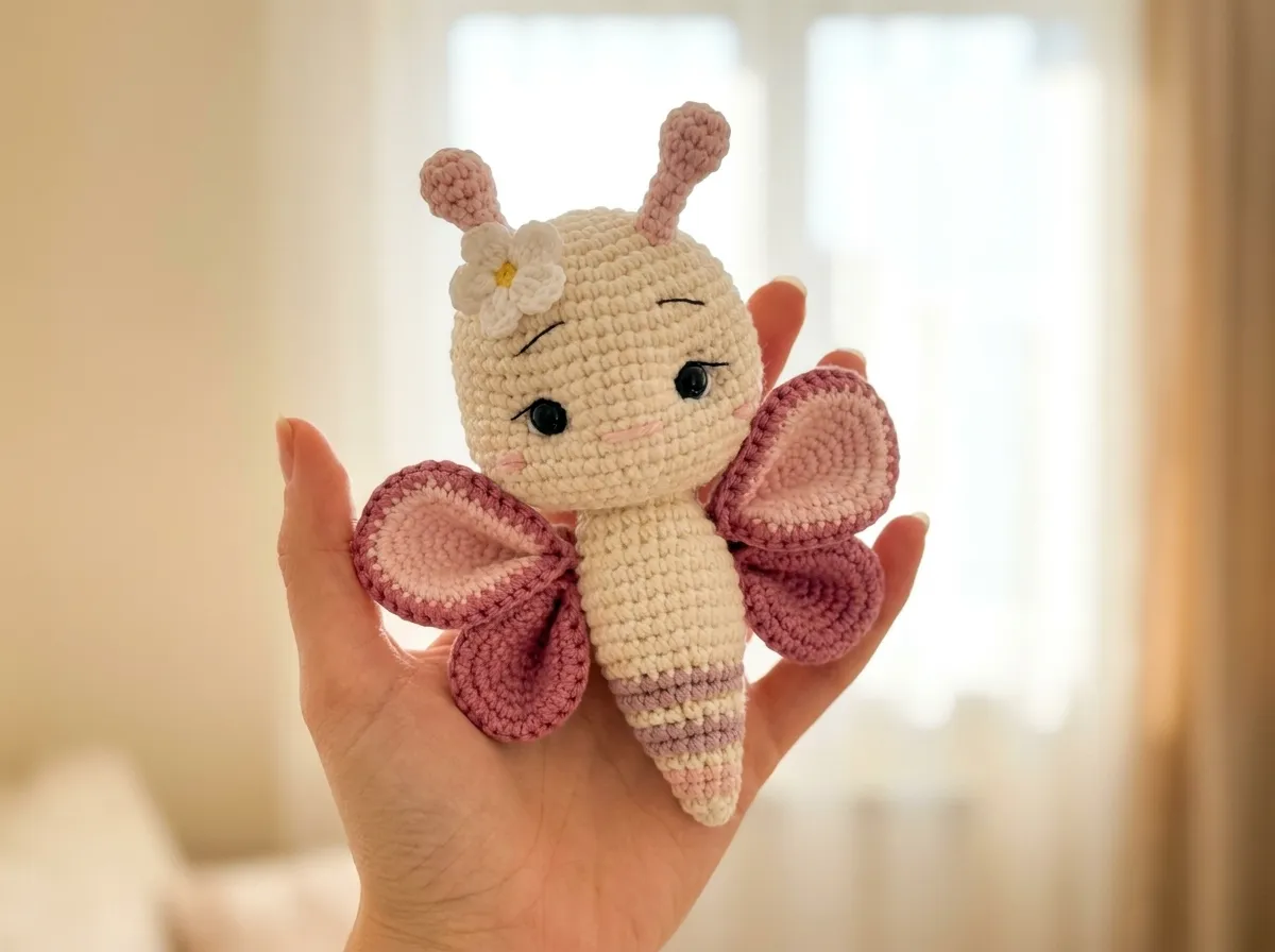 Hand holding a cream and pink toy with a flower, made using this butterfly amigurumi free pattern, by a bright window.