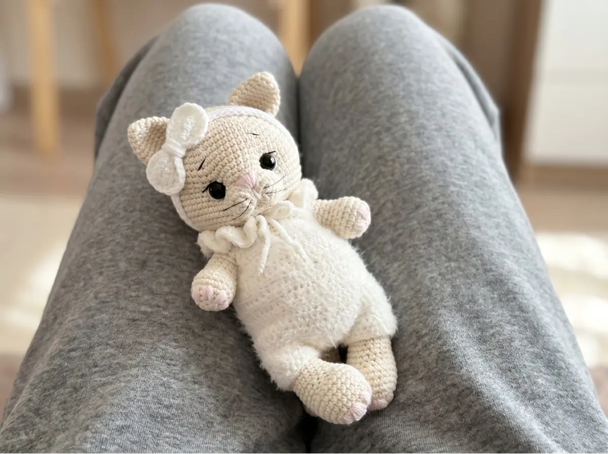 White and beige amigurumi cat with a bow headband resting on a person's lap wearing grey sweatpants, cat crochet pattern free amigurumi.