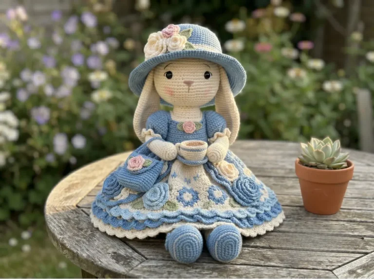 A crochet amigurumi bunny in a blue floral dress and hat sits on a wooden table holding a teacup, against a garden.