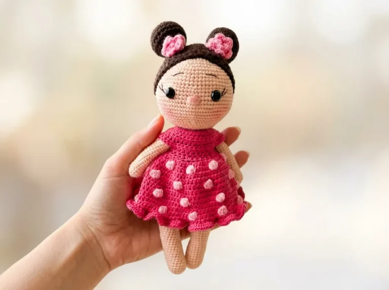 Hand holding a yarn amigurumi doll with brown space buns and a fuchsia polka dot dress against a soft background.