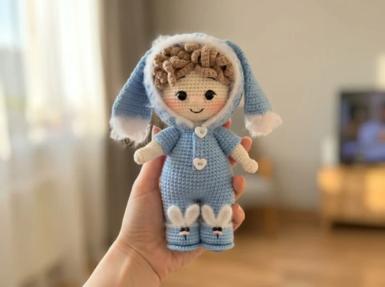 Hand holding a crochet baby doll in a blue bunny suit with white fluffy trim and bunny slippers in a bright room.