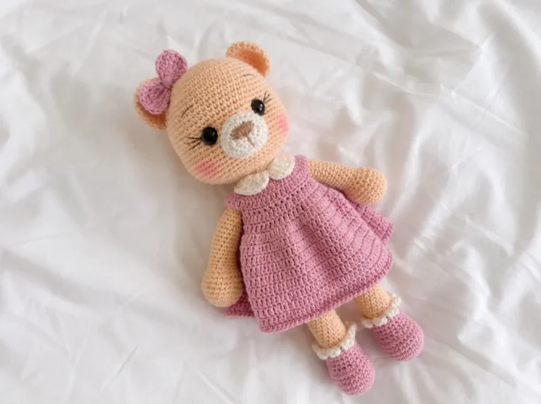 A light brown amigurumi bear in a pink dress lying on a white sheet, made from our crochet bear pattern free guide.