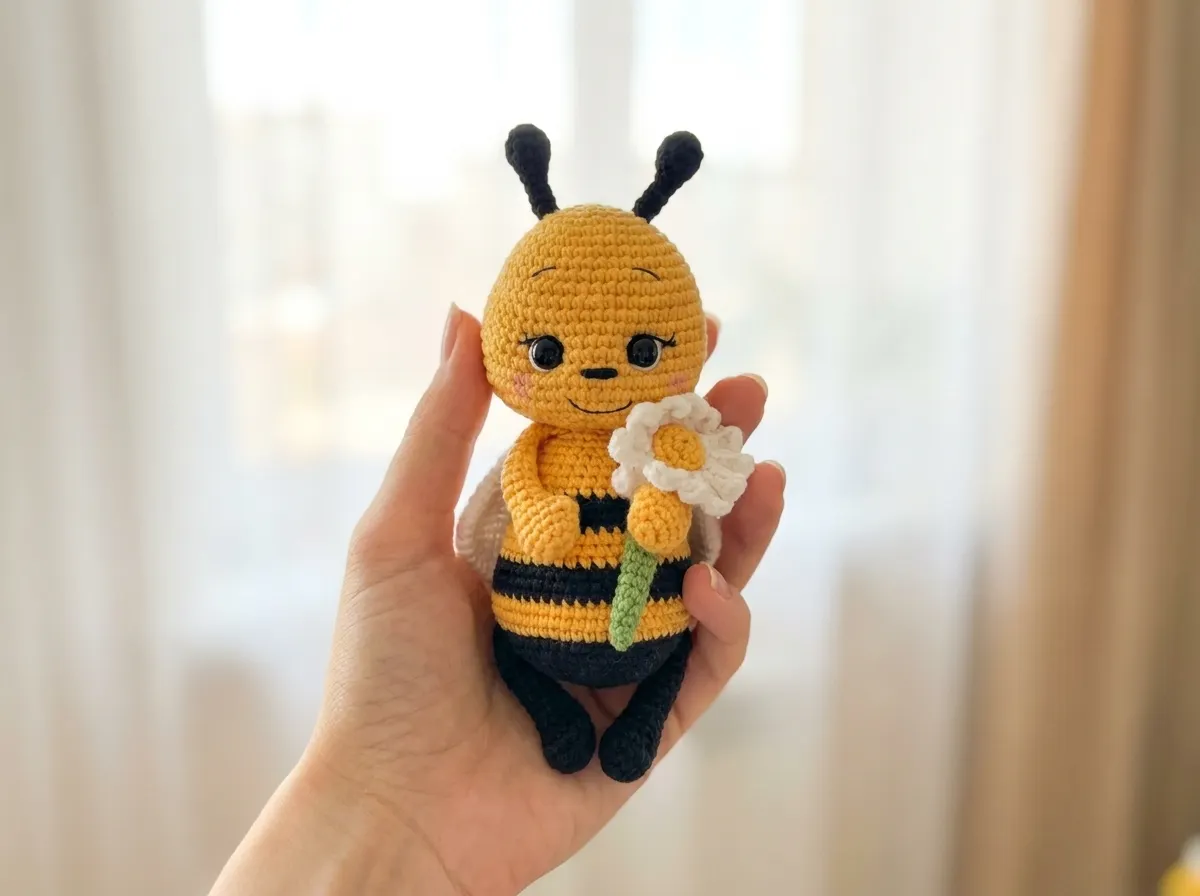 Yellow and black cotton yarn bee held in hand for a crochet bee pattern free, with a soft bokeh background.