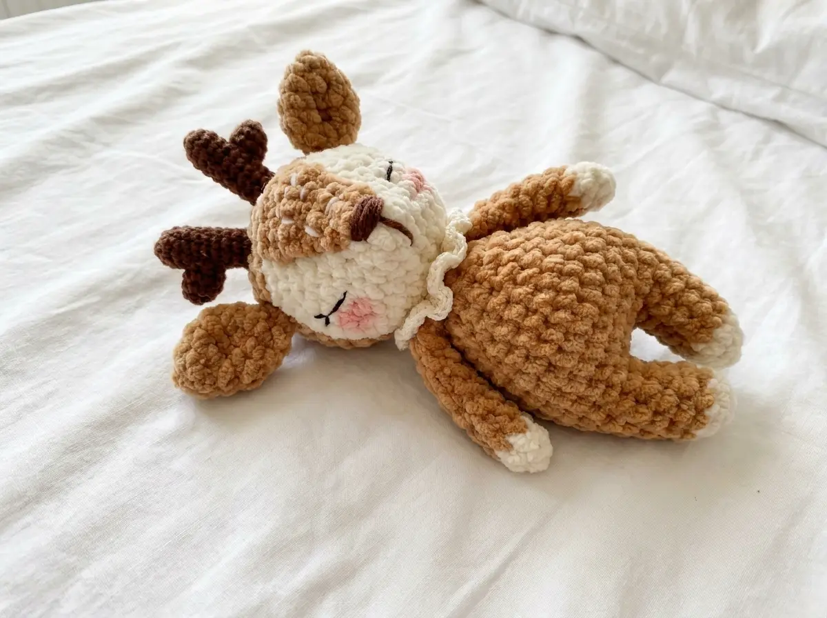 Plush brown and cream amigurumi deer lying on white sheets for a crochet deer pattern free.