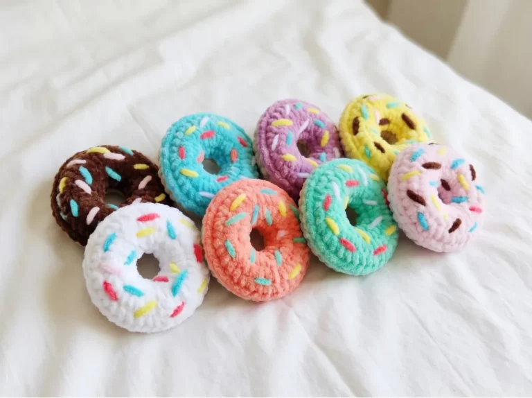 A pile of colorful plush yarn amigurumi donuts with sprinkles on a white bedsheet for our crochet donuts free pattern.