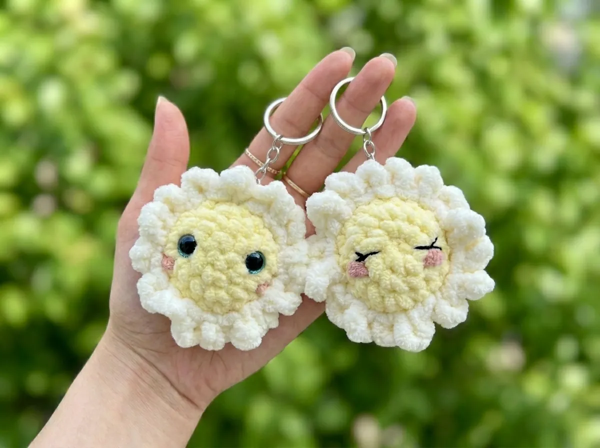 Hand holding two plush white and yellow crochet flower keychains made with velvet yarn against a green background.