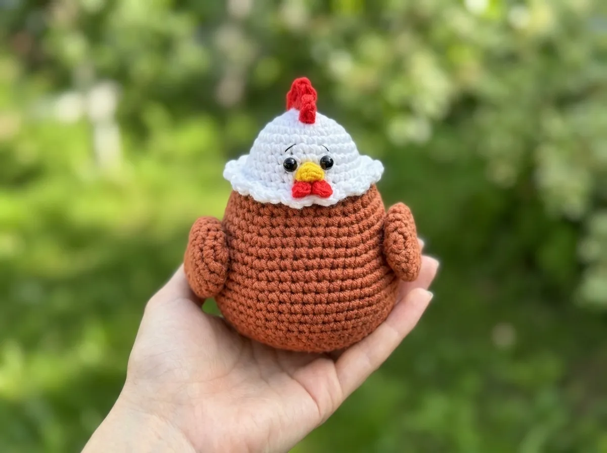 A hand holding a brown and white stuffed toy chicken made with a crochet hen pattern free against a green background.