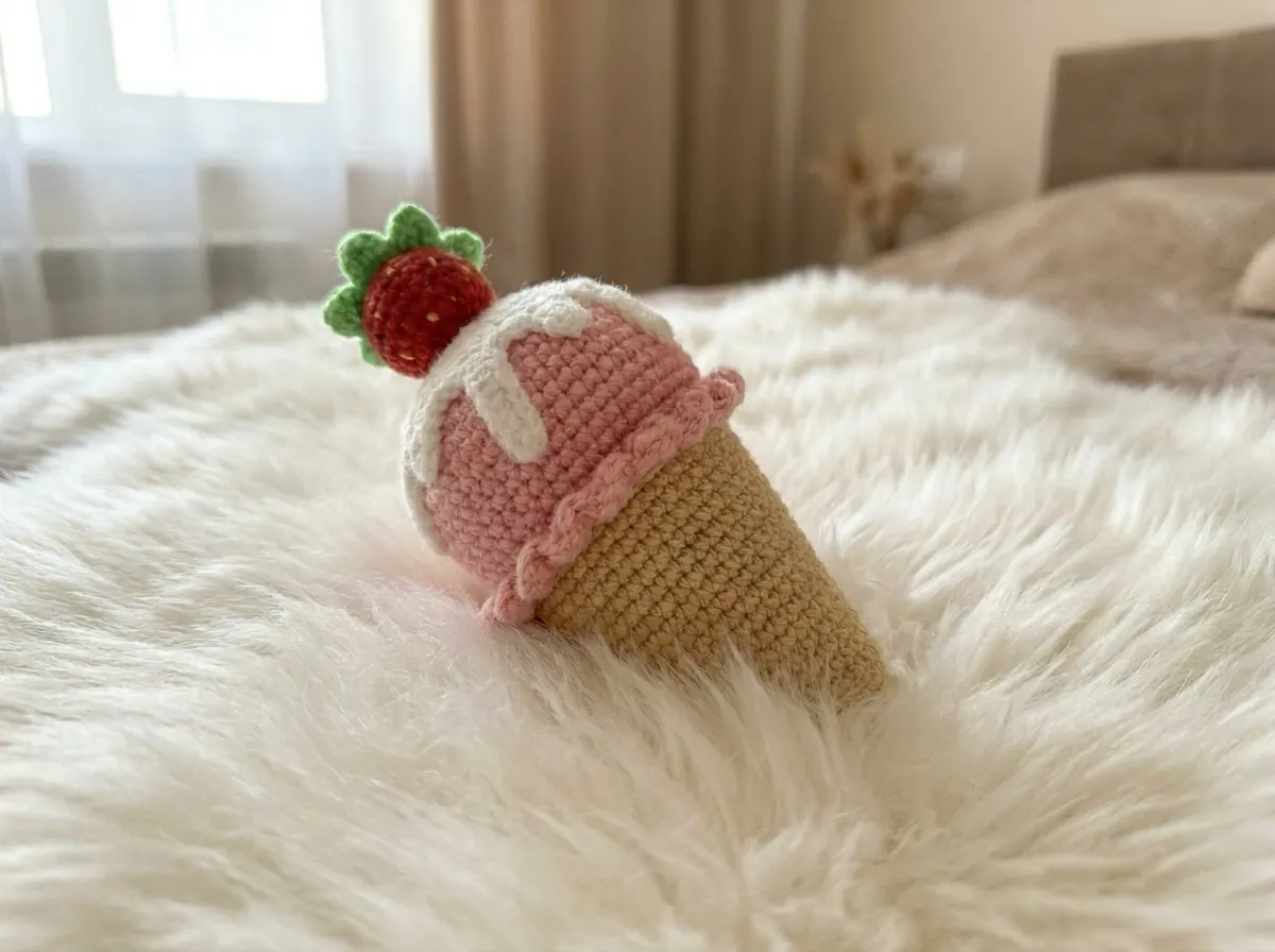 Pink crochet ice cream cone with a strawberry on white faux fur, a cute amigurumi food project.
