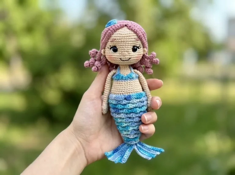 Hand holding a handmade crochet mermaid toy with pink yarn hair and a blue scaled tail against a blurred green background.