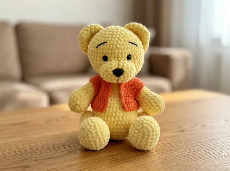 Cozy yellow velvet amigurumi bear with an orange vest sits on a wood table, using an easy pattern.
