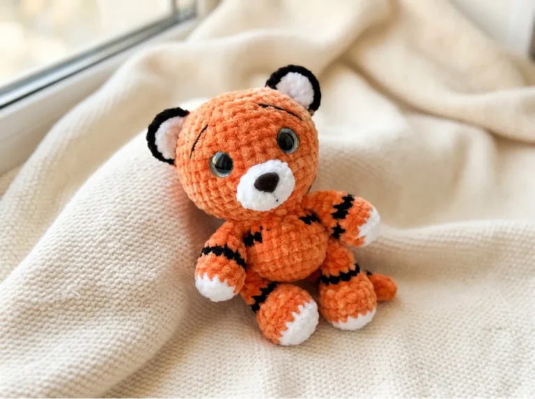 Orange plush yarn crochet tiger pattern with black stripes sitting on a bright cream blanket by a window.