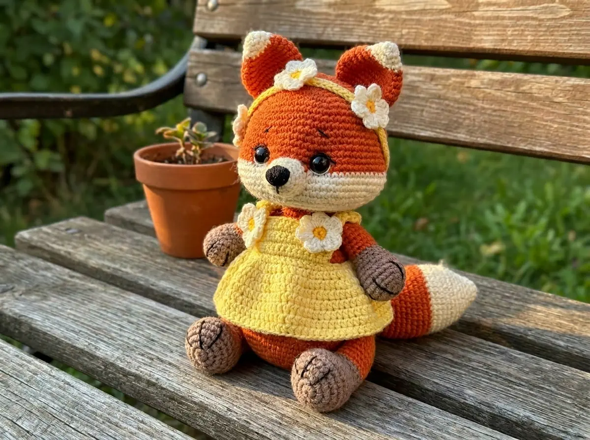 Orange fox amigurumi in a yellow flower dress sitting on a wooden bench outdoors.