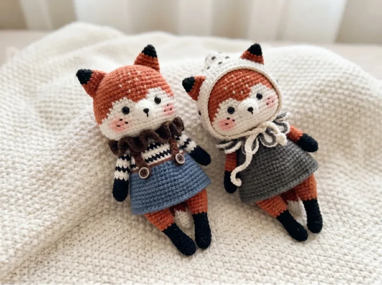 Two orange and white yarn fox crochet toys on a cream knit blanket. One wears a blue skirt, the other a grey dress.