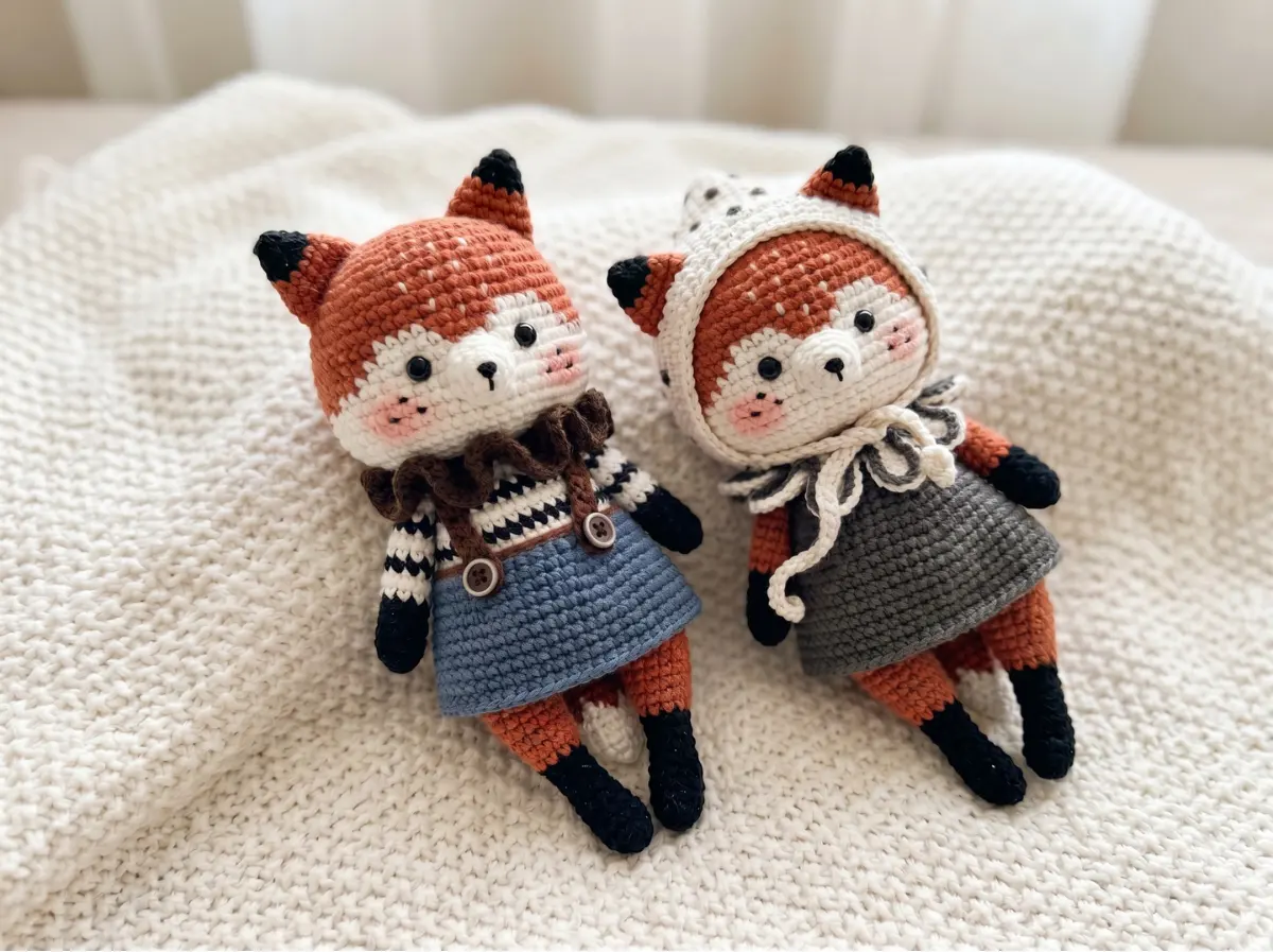 Two orange and white yarn fox crochet toys on a cream knit blanket. One wears a blue skirt, the other a grey dress.