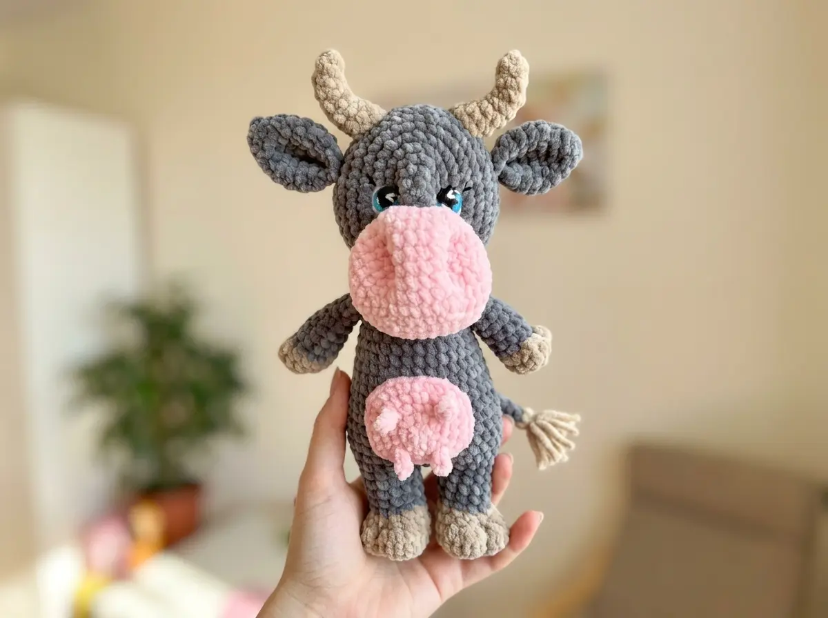 Hand holding a grey and pink plush velvet toy cow from a free cow crochet pattern amigurumi in a bright room.