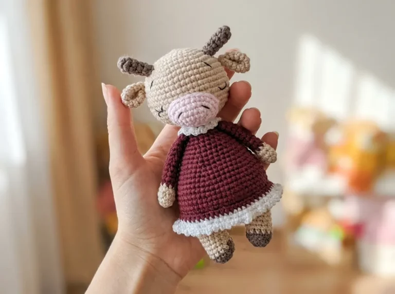 Hand holding a beige toy from a free cow crochet pattern amigurumi. It has a pink snout and a burgundy dress. Sunny room.