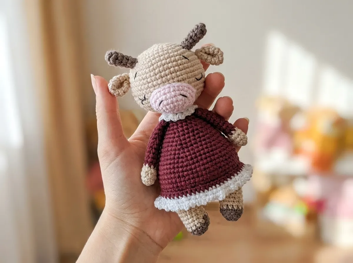 Hand holding a beige toy from a free cow crochet pattern amigurumi. It has a pink snout and a burgundy dress. Sunny room.