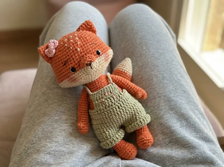 Close-up of orange fox amigurumi in green overalls resting on gray lap, showing single crochet yarn texture.