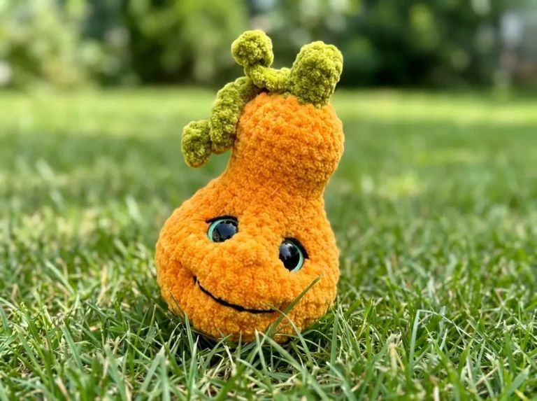 Orange chenille yarn pumpkin amigurumi toy with large eyes, a smile, and curly green stem sitting in bright green grass.