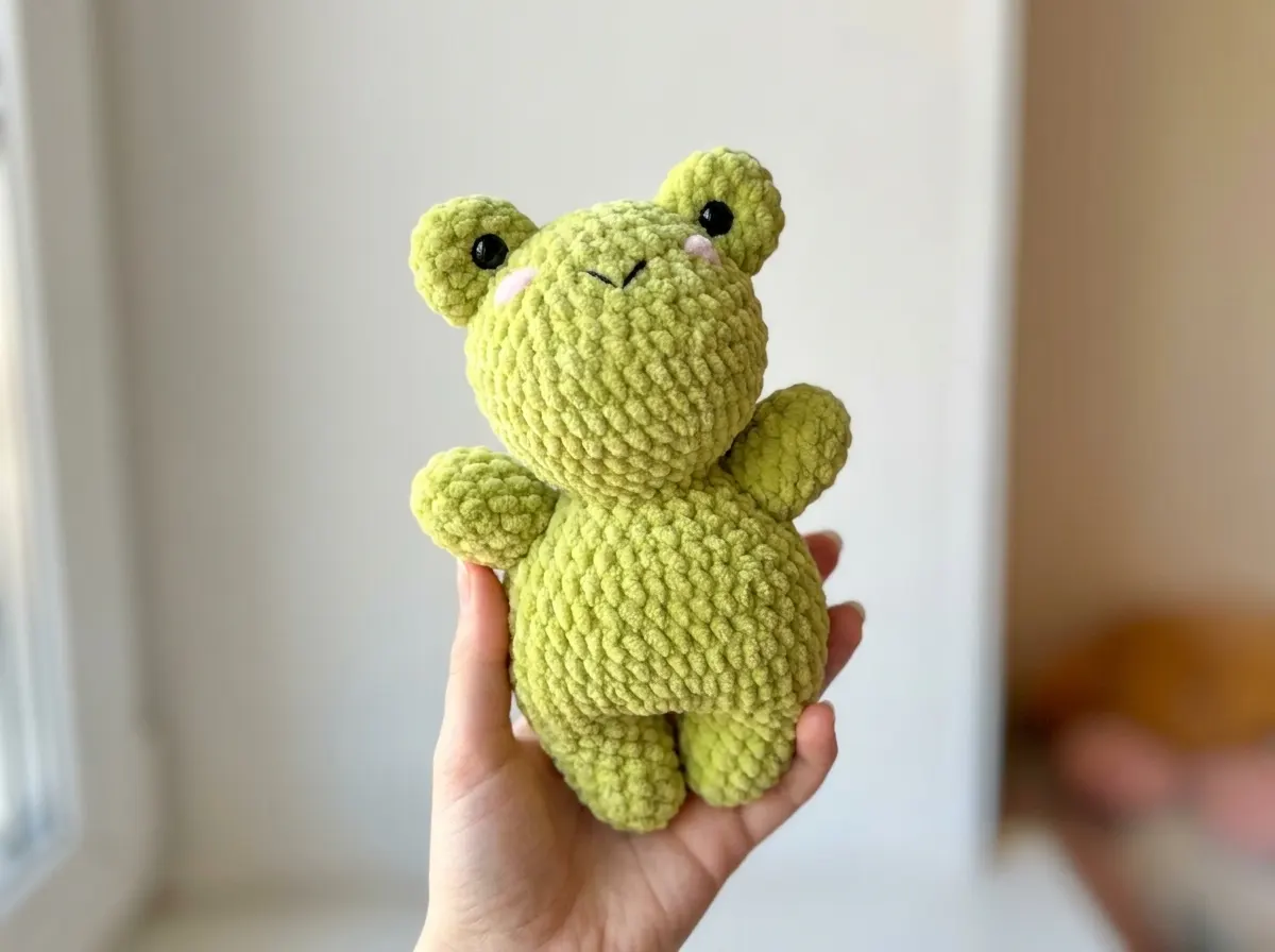 Hand holding a lime green plush frog crochet pattern free amigurumi made with velvet chenille yarn.
