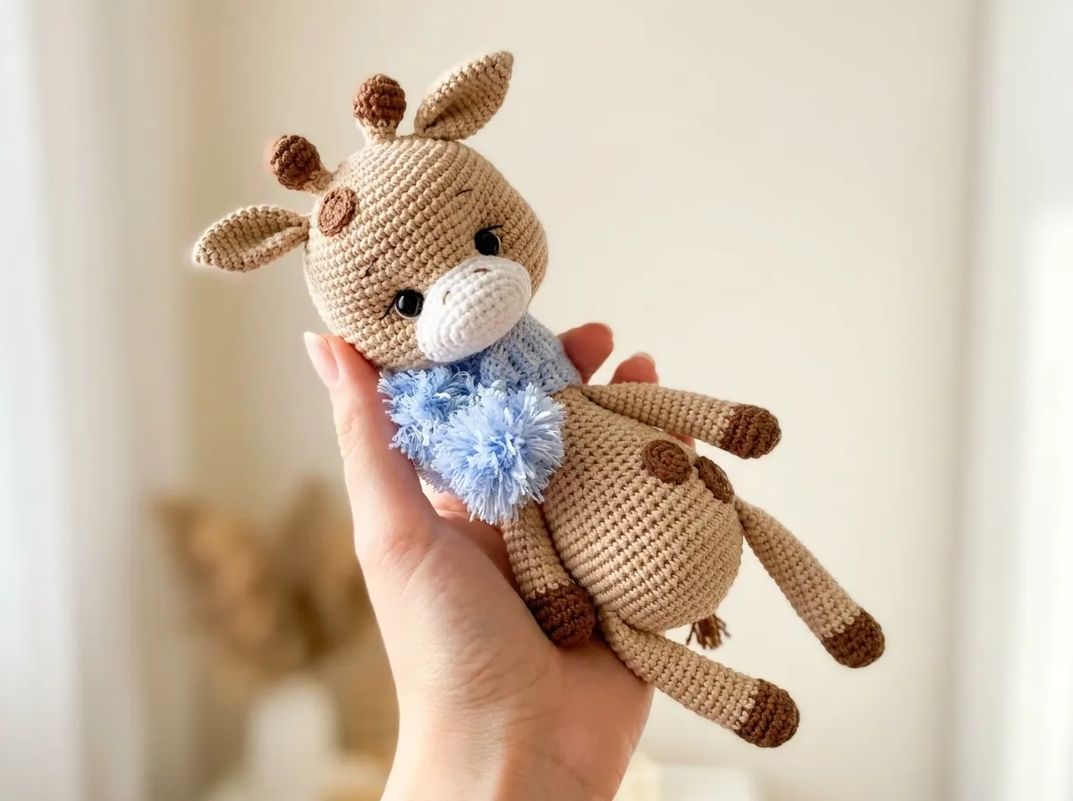 Hand holding a beige crochet giraffe with a blue fluffy scarf. Giraffe amigurumi free pattern.