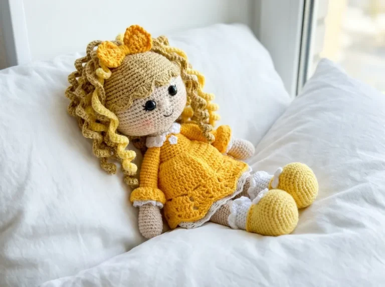 Yellow amigurumi doll with curly hair lying on a white pillow, showcasing the crochet doll pattern.