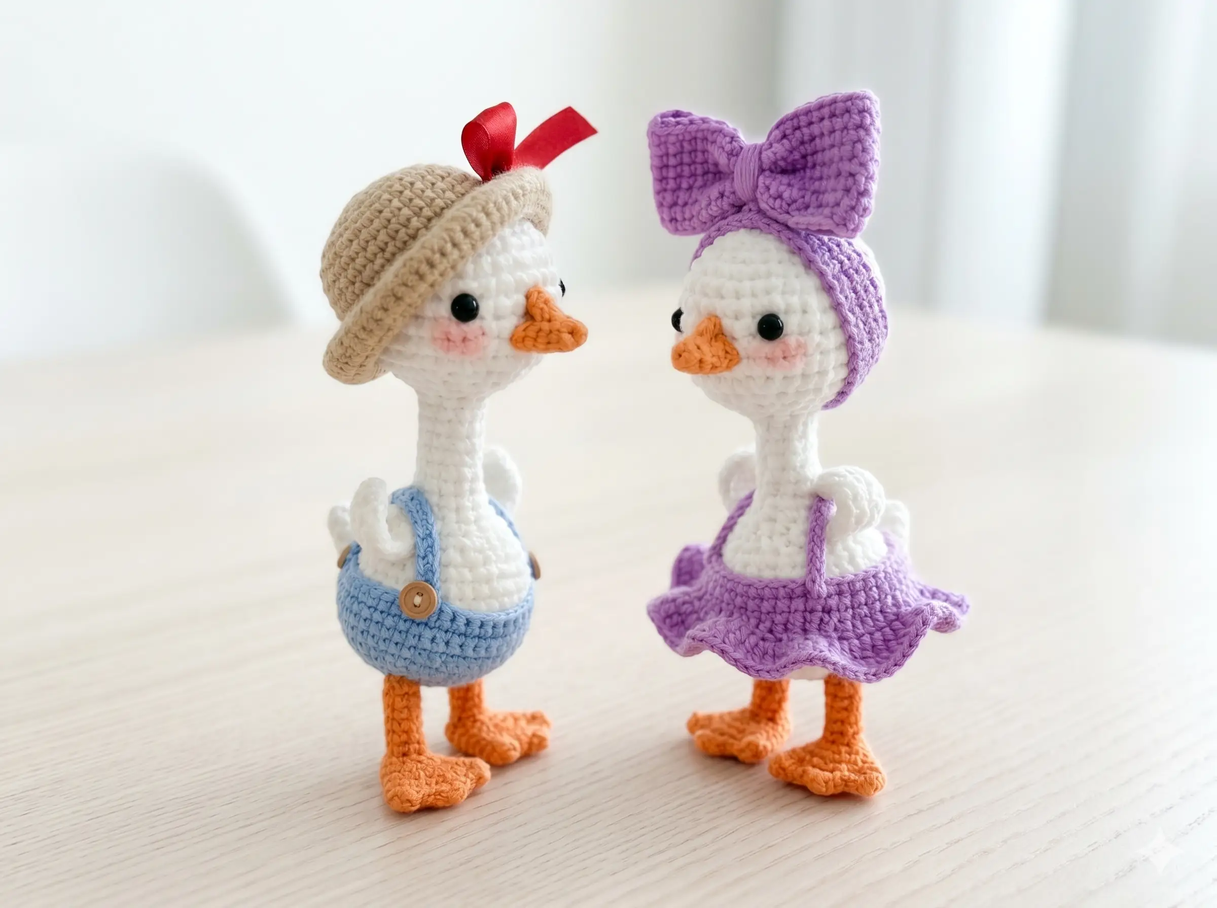 Crocheted goose amigurumi couple on a light wood table; boy in blue overalls, girl in purple dress.