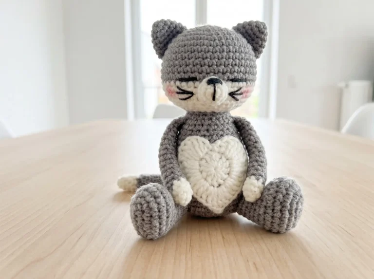 Grey and white amigurumi crochet kitty with a heart belly sitting on a light wood table against a bright window.
