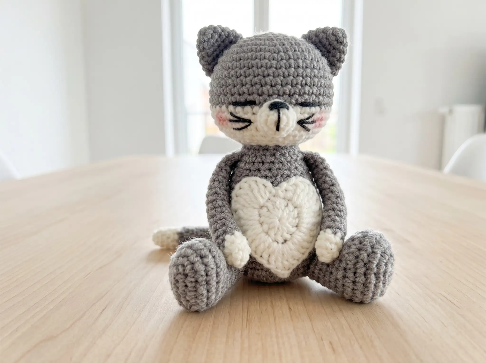Grey and white amigurumi crochet kitty with a heart belly sitting on a light wood table against a bright window.