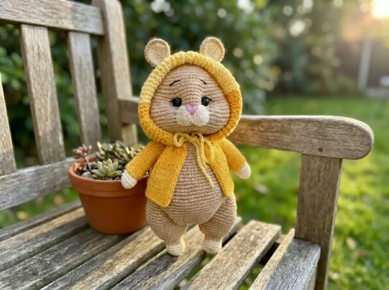 Tan hamster amigurumi wearing a yellow hooded jacket standing on a wooden garden bench next to a succulent.