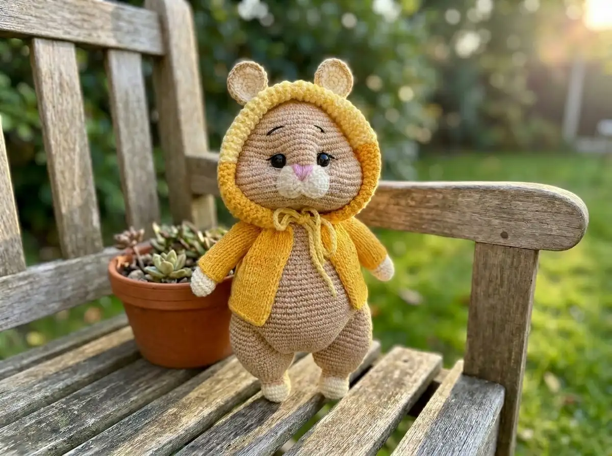Tan hamster amigurumi wearing a yellow hooded jacket standing on a wooden garden bench next to a succulent.