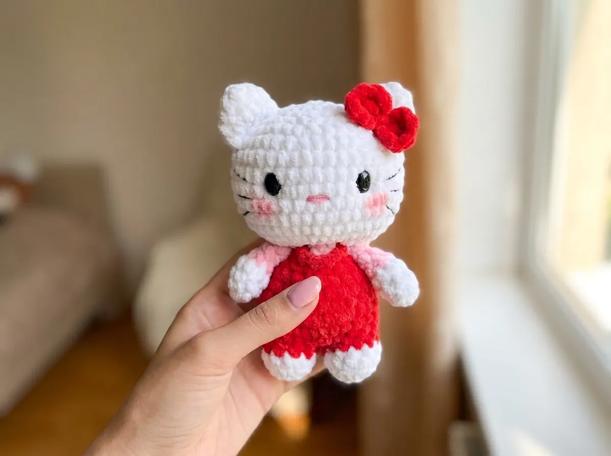 White plush hello kitty amigurumi with red bow held in hand against a blurred indoor window background.