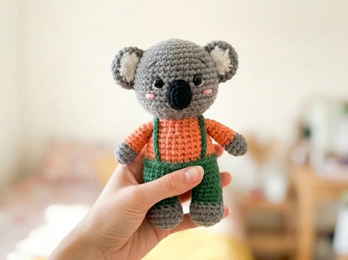 Hand holding a grey crochet koala amigurumi wearing an orange shirt and green overalls against a blurred background.