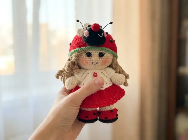 Hand holding a ladybug amigurumi doll with red hat, curly brown hair, and white crochet top against a blurred window.