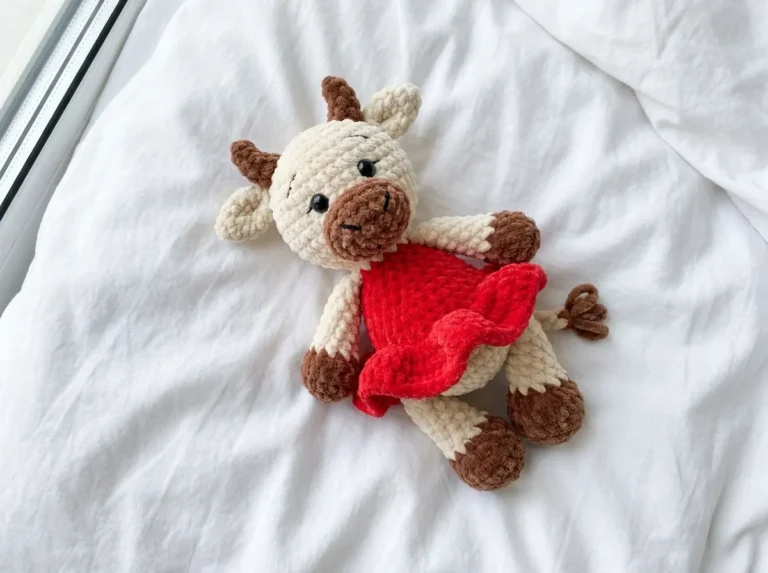Cream velvet amigurumi cow in a red dress lying on white bedding for this mini cow crochet pattern free.