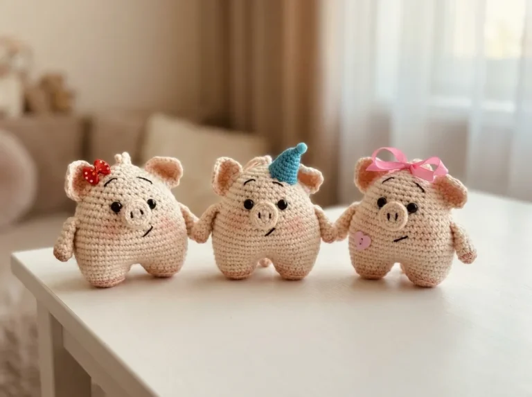 Vertical graphic showing a cute pink crochet pig held in hands with text overlay for this pig amigurumi free pattern.