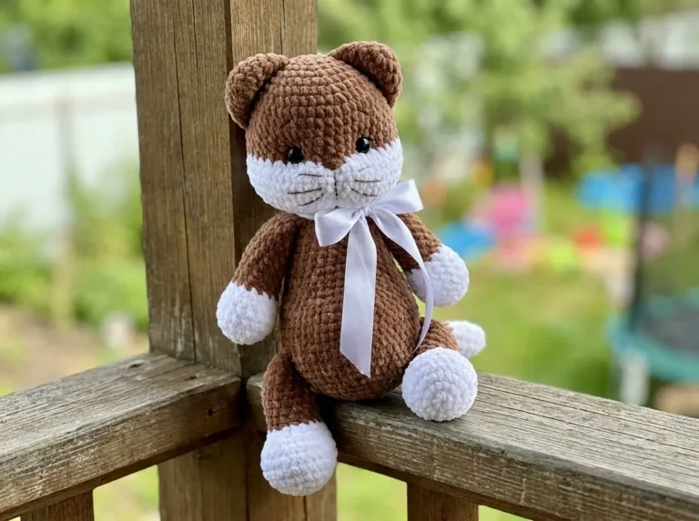 Orange tabby crochet cat plush made with single crochet stitches, sitting on a white desk next to a metal yarn hook.